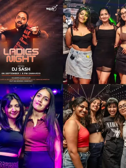 A poster and photo combination for a Ladies' Night, promising an exclusive audio-visual set and free drinks.