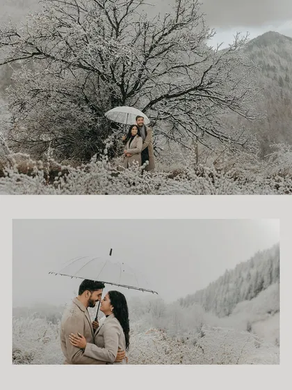 A winter fairytale in the snow-covered landscapes of Almaty, Kazakhstan. We specialize in capturing romance in any climate, using the serene, white backdrop to highlight the warmth and connection between a couple under a shared umbrella.