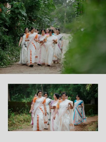 A collage showing the procession of women in traditional Kerala sarees, a beautiful display of culture and community.