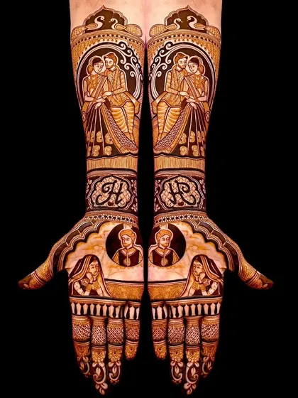 This symmetrical design features multiple couple portraits, creating a unique and romantic pattern up the arms.