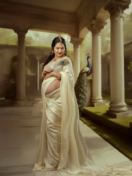 A stunning, full-length portrait of a mom-to-be in a flowing white saree, set against a grand, palace-like backdrop with a peacock.