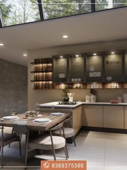 This render illustrates a kitchen with a skylight, creating a bright and airy atmosphere. The design uses a mix of materials, including concrete-finish walls and glass-front cabinets, to achieve a modern, industrial-luxe aesthetic.