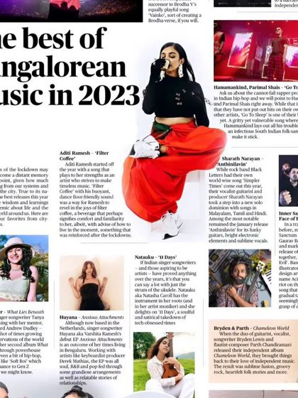 A screenshot from an article naming my music as some of the 'Best of Bangalore Music in 2023'. It's humbling to be included among so many talented artists from my city.