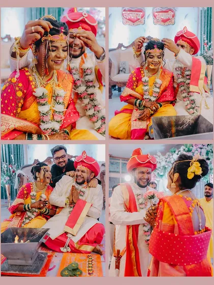 A collage of happy and candid moments from a Maharashtrian wedding ceremony, capturing the essence of the celebration.