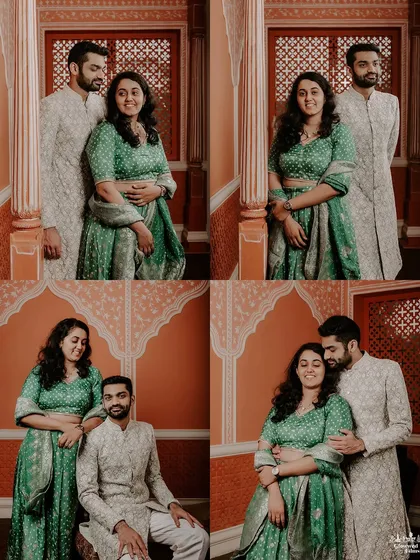 A collection of classic portraits from a studio shoot. We guide our couples into comfortable poses that feel both elegant and natural, capturing the grace of their traditional outfits against the warm, palace-like set.