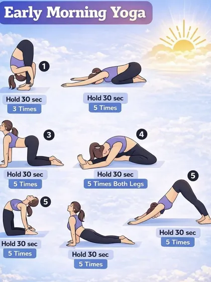 This early morning yoga sequence is designed to energize you for the day ahead. It includes a series of dynamic and static poses with specified holding times to build heat and focus.