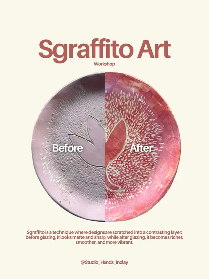 The magic of the kiln! See how this pink Sgraffito plate becomes so much more vibrant and glossy after being fired.