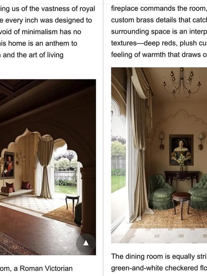 Another page from the Architecture + Design magazine feature, detailing the Roman Victorian-inspired living room and the striking dining room.