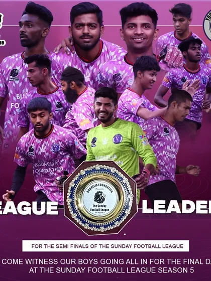 Topping the table as league leaders. This graphic celebrates our team's dominant performance heading into the semi-finals of the Sunday Football League Season 5.