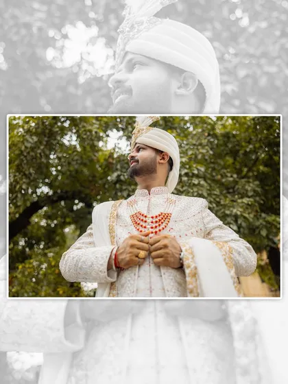 A creative and artistic portrait of the groom, with a faded overlay effect. He looks off to the side with a smile, creating a modern and stylish shot.