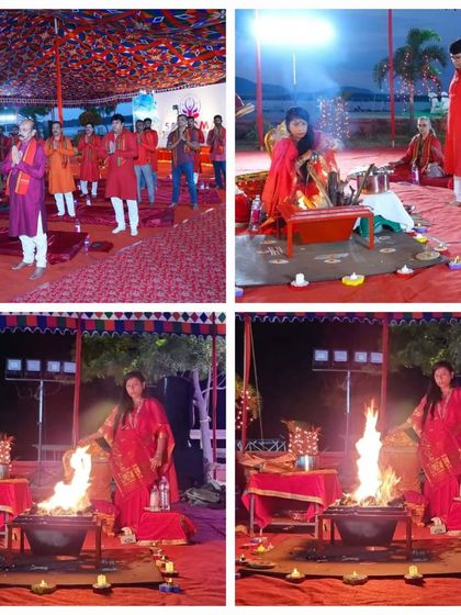 A collage showing the dynamic energy of our Siddha Fire Meditation event in Vijayawada. It captures us leading the ritual and participants meditating by the sacred fire.