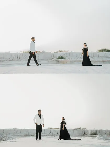 A pair of images telling a story of the couple walking towards each other in a vast, minimalist landscape.
