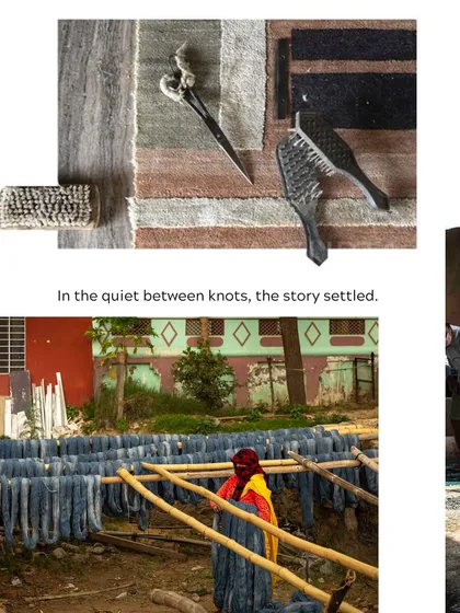 The process behind the Elemental rugs, showing the skilled artisans at Cocoon translating our architectural concepts into hand-tufted forms.
