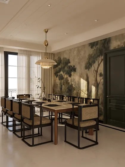 A closer view of the dining setup, where modern chairs with a unique silhouette are paired with a classic wooden table. The striking wallpaper and pendant light create a sophisticated atmosphere for dining.
