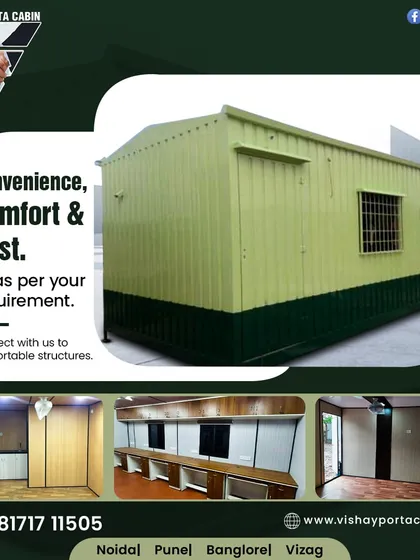 This collage highlights the convenience, comfort, and cost-effectiveness of our portable structures. We can build everything from a simple single-room office to a multi-desk workspace, all customized to your requirements.