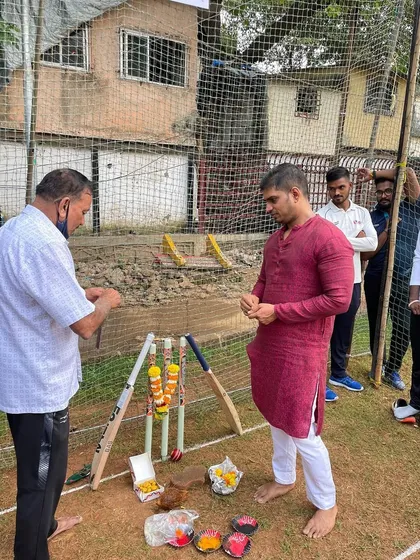A traditional puja ceremony to mark the beginning of a new season, with one of our senior players doing the honors.