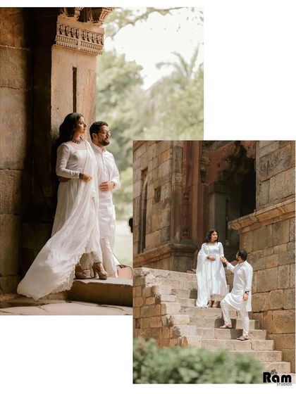 This collage captures the dynamic of the couple exploring the ancient stone steps and corridors of a monument. It shows both posed elegance and candid interaction during their heritage photoshoot.