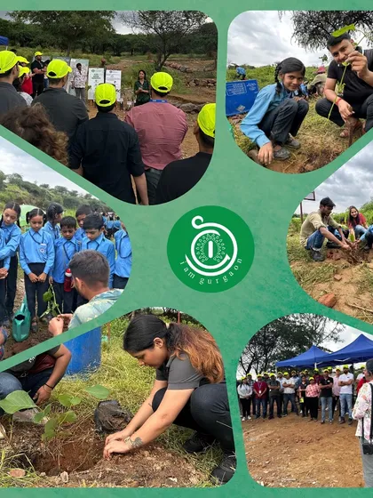 Another view of the R1 and Maanas Shiksha School planting day, showing the scale of the effort and the enthusiasm of the young eco-warriors involved in the restoration.
