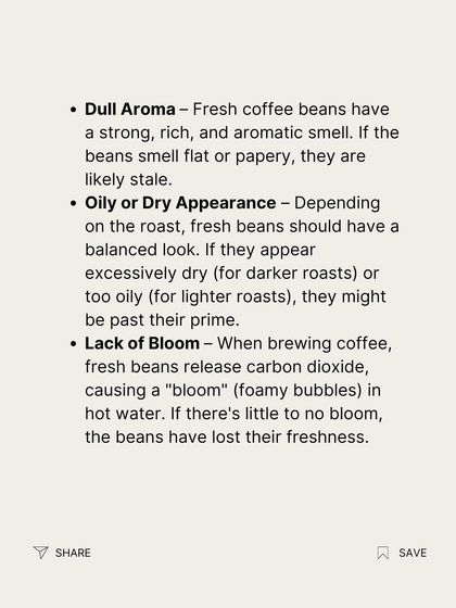 A quick checklist for freshness: look for a strong aroma, a balanced appearance, and a healthy "bloom" of CO2 bubbles when you add hot water.