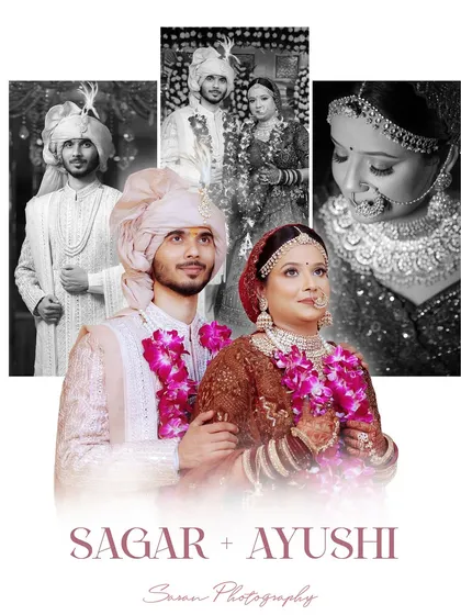 A wedding album title page featuring the couple's names and a collage of their portraits.