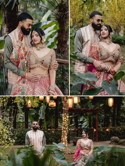 For her Jaggo night, a vibrant pre-wedding celebration, we styled Sharon in a multi-colored lehenga with intricate mirror work. The look is full of energy and perfect for a night of dancing.
