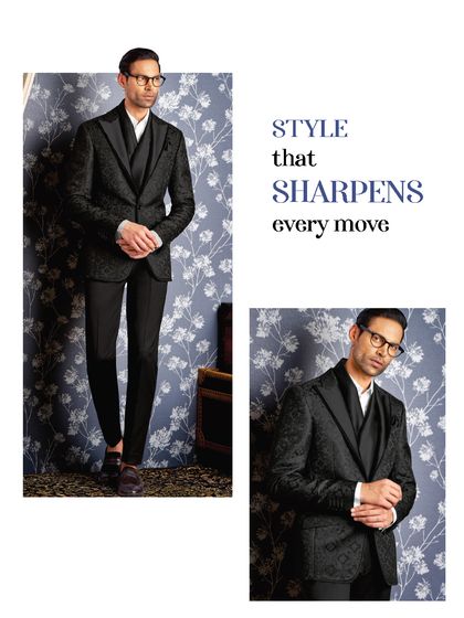 Style that sharpens every move. This black patterned suit is perfect for any celebration, from bespoke wedding wear to party-perfect styles.
