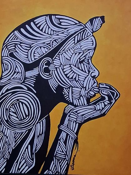 A striking black and white line art portrait with a yellow background.