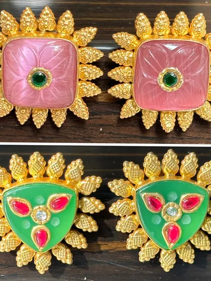 Some of my best-selling fusion studs. Available in different shapes and colours, these feature carved pink and green stones set in a gold-plated, sunburst-style silver base.