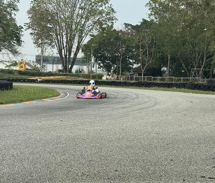A driver in a pink kart during a practice session for the Asia Trophy.
