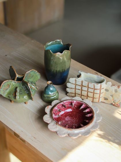 A collection of imaginative, sculptural pieces created by our students, from a pomegranate inspired bowl to abstract, organic forms.