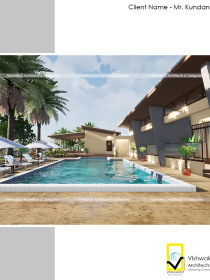 Another perspective of the pool area from my initial design renders. Visualizing the space with palm trees and lounge furniture helped in creating the desired vacation feel.