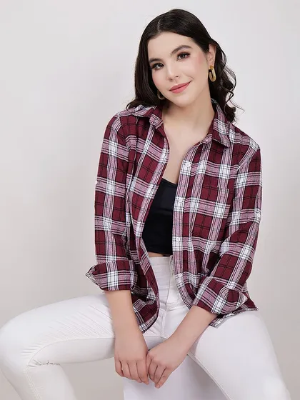 A classic e-commerce pose for a red and white plaid shirt. The clean background and bright lighting ensure the product is the hero of the shot.