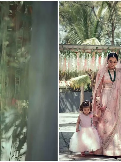 A creative split-shot showing a glimpse of the groom and the bride's grand entrance with her adorable flower girls. We use artistic compositions to tell a more complete story.