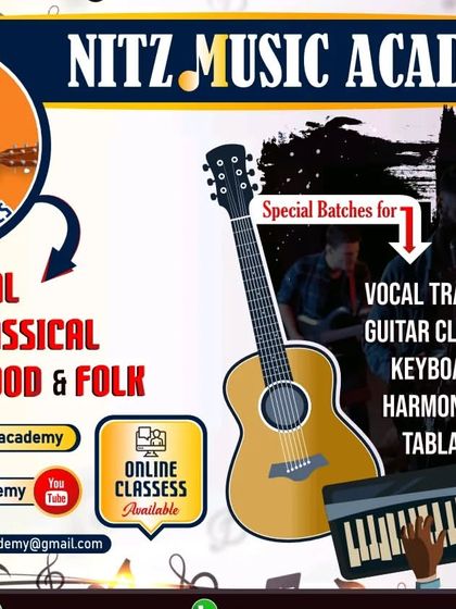 Our academy offers a wide range of classes including Classical, Bollywood, and Folk singing, as well as training in guitar, keyboard, and harmonium. This poster highlights our diverse offerings available through both online and offline batches.