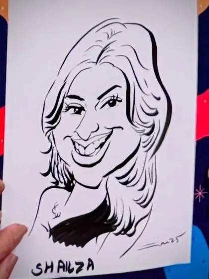 "When art exaggerates but still captures the real smile." A close-up of a caricature for a guest named Shailza.