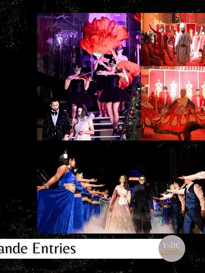 A showcase of our 'Grande Entries'. We design everything from royal, traditional entries with dancers and dhol players to dramatic, modern entries with unique props and themes like this masquerade concept.