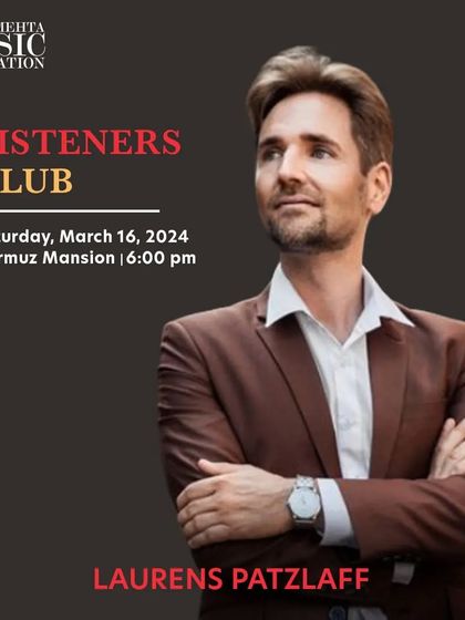 An announcement for our 'Listeners Club' featuring Laurens Patzlaff, a master of piano improvisation. We host these free events to engage the community and broaden musical horizons.