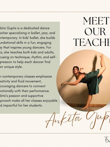 Meet our talented teacher, Ankita Gupta. She specializes in ballet, jazz, and contemporary, helping dancers of all ages find their unique style through fluid movement and self expression.