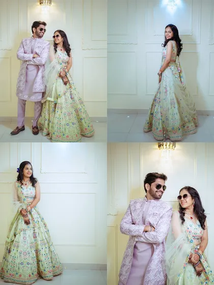 A fun and stylish set of photos from an engagement shoot. The couple shows off their playful side by posing with sunglasses, mixing tradition with a touch of modern swag.