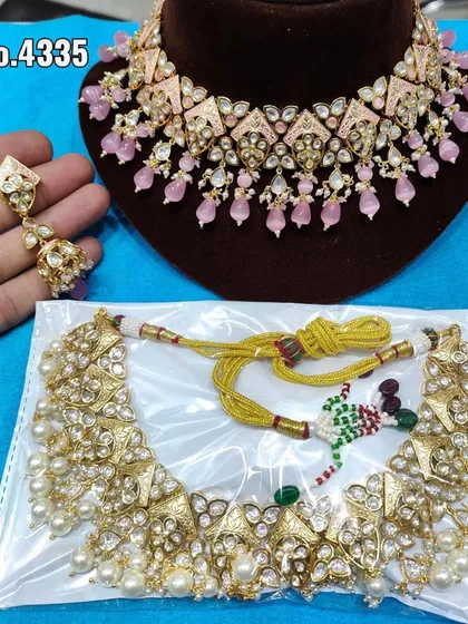 A collage showing a pink choker and a white pearl choker. This shows the versatility of my rental collection for different party themes.