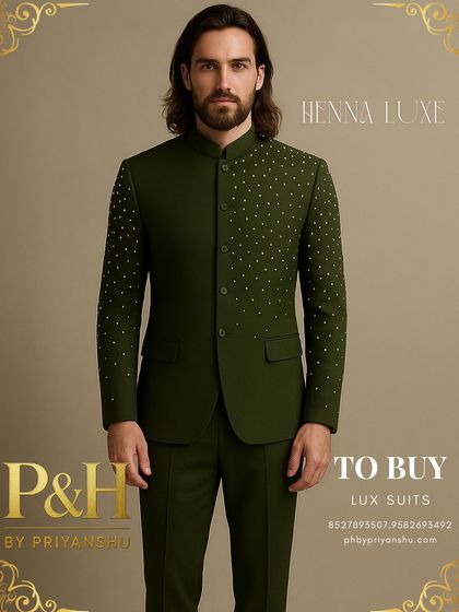 This olive green Jodhpuri suit from my Henna Luxe collection is perfect for a Mehndi ceremony. The scattered hand-embroidered studs on the shoulders and chest add a touch of modern sparkle.