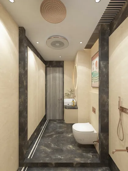 A 3D render of a luxurious bathroom with dark marble flooring, beige walls, and elegant rose-gold fixtures.
