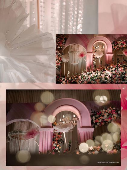 A collage of the dreamy, pastel-pink decor from a ring ceremony. The soft lighting and floral arrangements created a romantic and magical atmosphere.