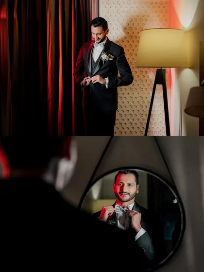 A collage of the groom getting ready, adjusting his bow tie and looking sharp in his tuxedo.
