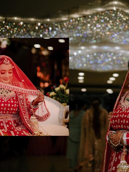 A collage focusing on the bride's beauty and the sparkling details of the wedding venue's decor, creating a glamorous and celebratory feel.