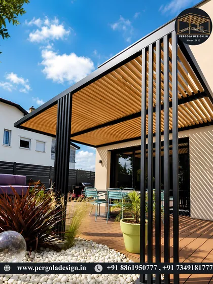 A stylish pergola providing shade for a patio dining area. The combination of a black metal frame and a natural wood-finish slatted roof offers a popular contemporary look that is both warm and modern.