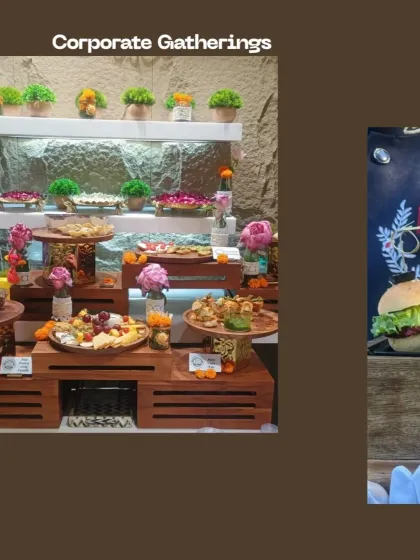 A look at our catering for corporate gatherings. This multi-level wooden setup displays a variety of our platters, including cheese boards and other appetizers, designed to impress clients and colleagues.