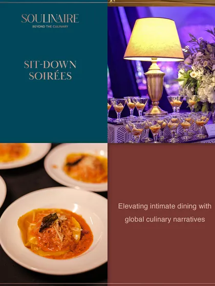 A collage dedicated to sit-down soirées, showcasing elegant table settings and beautifully plated Italian dishes. We elevate intimate dining with global culinary narratives.