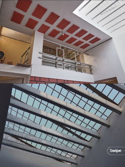 A view of the skylights and filler slab ceiling at the Rehmat Tarikere Residence, demonstrating how we use structural elements to create aesthetic patterns and bring in natural light.
