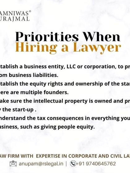 When hiring a lawyer for your startup, there are four key priorities: establishing a business entity to protect from liability, defining equity rights, protecting intellectual property, and understanding tax consequences.